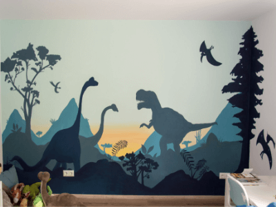 Wand mit Dinowelt eines Kinderzimmers in Würzurg - nach der Wandmalerei von jotty