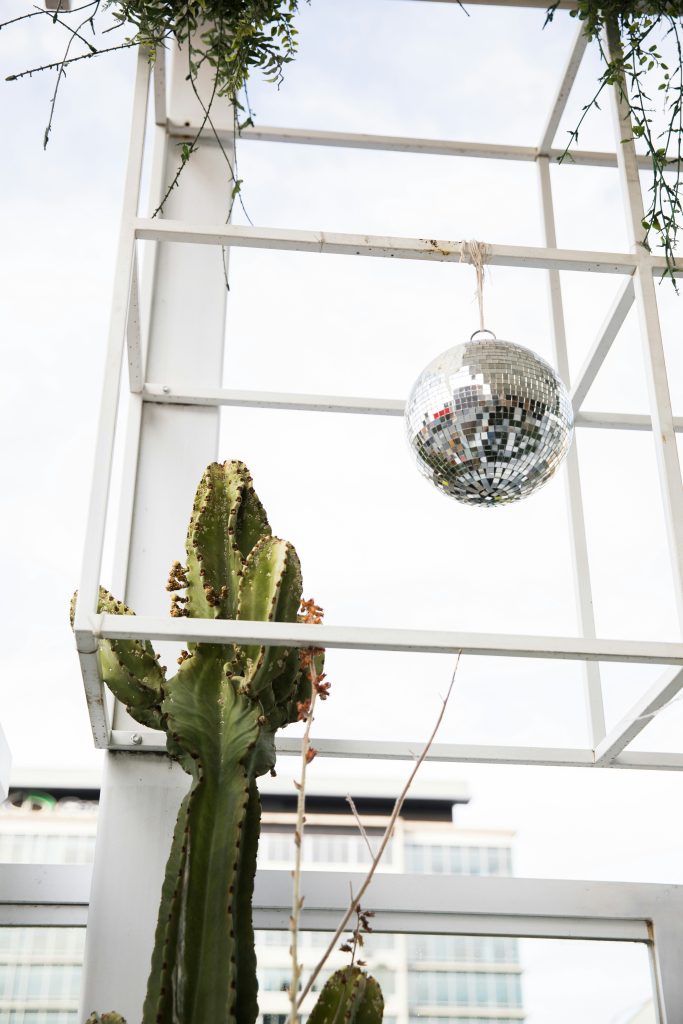 Disco-Kugel mit Kaktus an einer Fensterfront im Büro